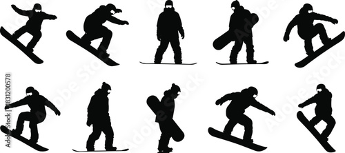 Snowboarding silhouettes, winter sport action poses, extreme snow tricks, black snowboarder icons, freestyle jump stances, dynamic rider movements, vector art