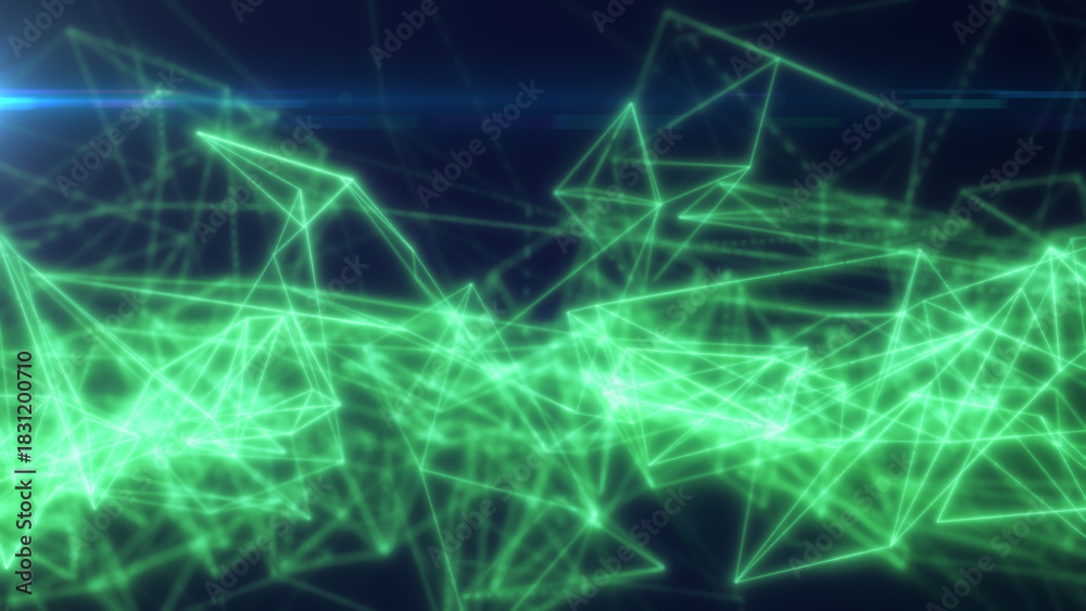 Naklejka premium Glowing green digital network of polygonal connections and geometric lines forming a luminous abstract web