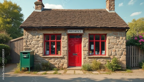 Fototapeta Naklejka Na Ścianę i Meble -  Old stone post office building in a rural village. Red door and windows add contrast to the stone facade. A green mailbox stands outside awaiting mail delivery. Traditional architecture.