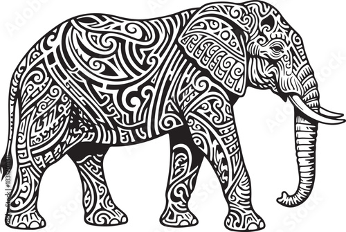 Intricate black and white tribal pattern elephant illustration isolated on white background. detailed artistic artwork for design projects.