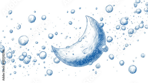 Moon and Water Bubbles Vector Drawing with Outline for Creative Design Projects