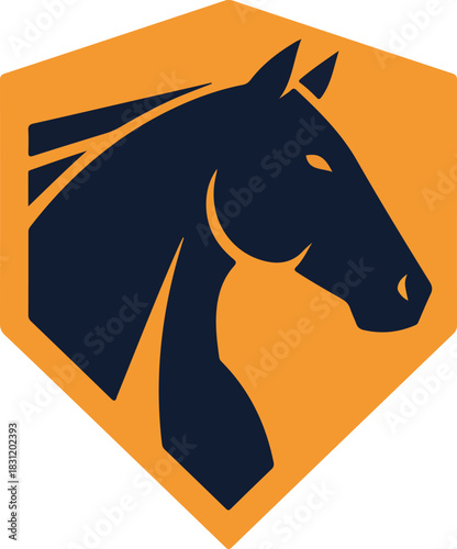 Stylized dark blue horse head vector logo in orange hexagon. represents strength, speed, power, elegance, and equestrian themes.