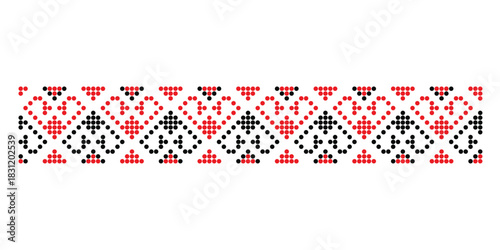 Traditional Ukrainian heart repeat ornament from Zaporizhzhia region in red and black. Dotted style for folk design and decorative use