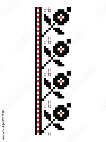 Pixel border floral ornament repeat with small black flowers from Poltava region of Ukraine. Seamless embroidery pattern design