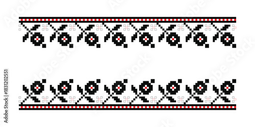 Pixelated endless floral ornament with small black flowers and underline from Poltava region of Ukraine. Seamless repeat folk border design