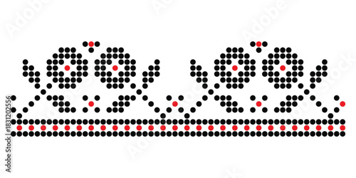 Dotted floral motif with small black flowers and red details in repeating border style ornament pattern