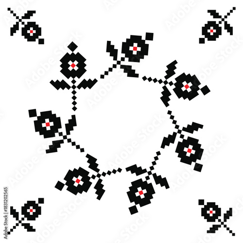 Circular Ukrainian floral embroidery style pixel small flowers ornament for decorative design