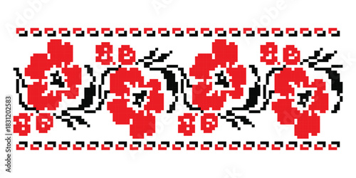 Pixel red and black flowers floral pattern with decorative borders, traditional embroidery ornament of Poltava region, Ukraine