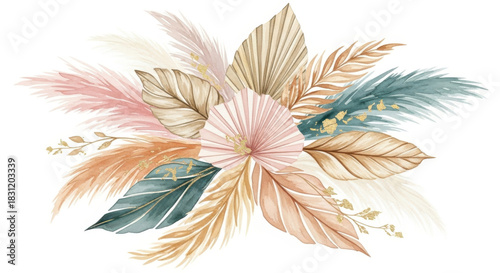 Abstract Watercolor Composition of Leaves, Plants, and Feathers in Warm Tones, Botanical Art, Studio, Nature, Balanced View