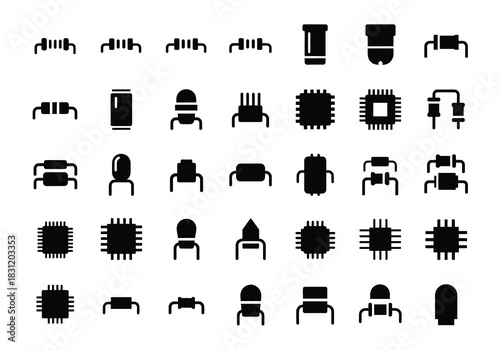 vector Set of electronic component icons simple flat vector glyphs for circuit design isolated on white background