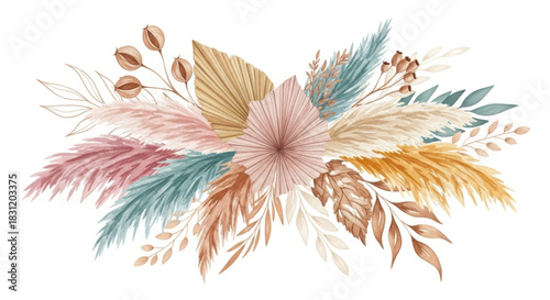 Minimal Boho Watercolor Botanical Arrangement, Pastel Dried Leaves, Living Room Wall Art Decor, Serene Nature, Front View Concept