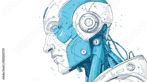 Futuristic Robot with Blue Face and Eye Vector Illustration