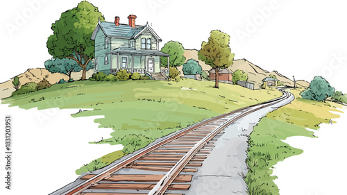 Scenic Drawing of Track and House in Background