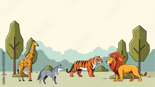 Stylized cartoon illustration of diverse wild animals in a natural setting giraffe lion tiger wolf