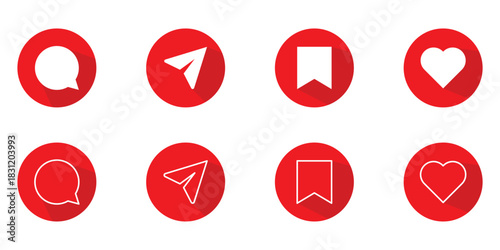 Social media user interface icon set. Instagram interface buttons isolated on transparent background. Includes like, comment, share, save, message icons. Vector illustration.