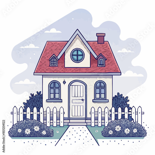 Cozy cartoon house illustration with a red roof and white fence representing safe home ownership concept and happy family life