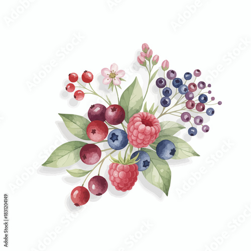 Artistic watercolor illustration of assorted fresh berries, green leaves, and blossoms on white background for summer harvest concept and natural food