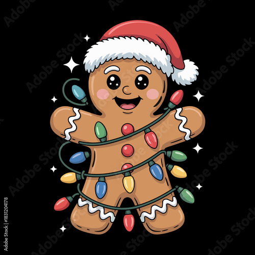 A cute gingerbread man is dressed in a Santa hat and adorned with colorful Christmas lights.