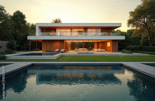 Wallpaper Mural Modern luxury house features sleek design with large glass windows, blurring indoor outdoor. Two story home includes private swimming pool, manicured lawn, green garden. Golden hour light illuminates Torontodigital.ca