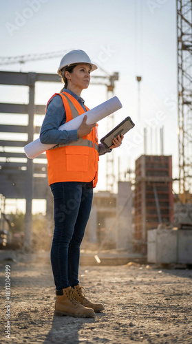 Woman civil engineer reviewing site at construction project  
