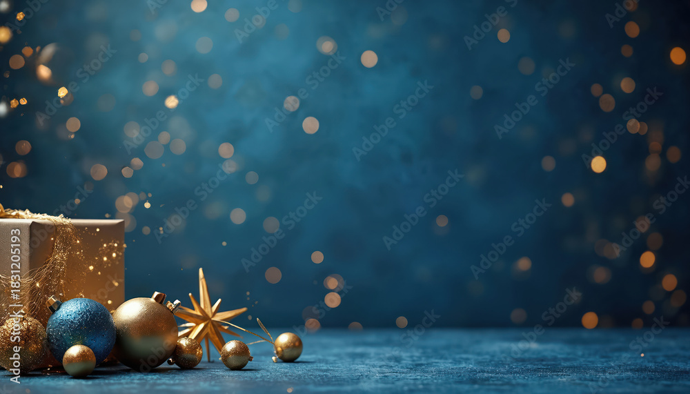 Fototapeta premium Dark blue background with golden christmas ornaments, gift box. Sparkling bokeh effect adds festive mood. Elegant winter scene suitable for holiday design projects. Perfect backdrop for Christmas