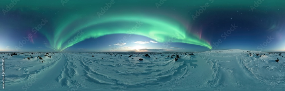 Obraz premium Northern Lights dance across clear night sky in 360 degree panorama. Vibrant green, subtle purple aurora borealis light up vast snowy tundra landscape. Scattered rocks dot cold arctic winter ground.