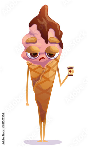 A disgruntled, colorful ice cream cone with coffee in hand. Ice cream, cone, sweetness, character, emotion, dissatisfaction