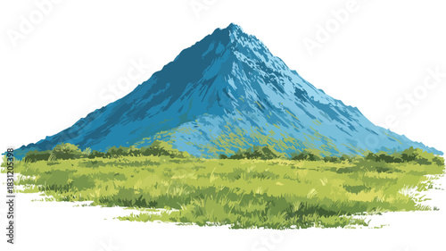 Serene Mountain with Blue Top and Green Grass Field Background