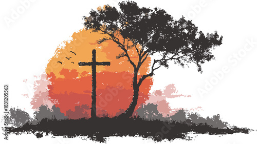 Majestic Cross and Tree Painting with Sunset Background