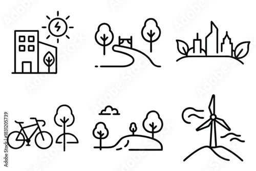 Line art symbols of nature, cityscape, and sustainable energy  