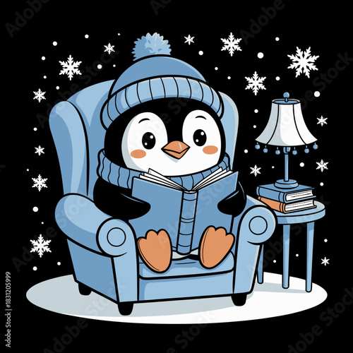 A cute penguin wearing a beanie sits in an armchair reading a book. Snowflakes surround the penguin, creating a wintery scene.