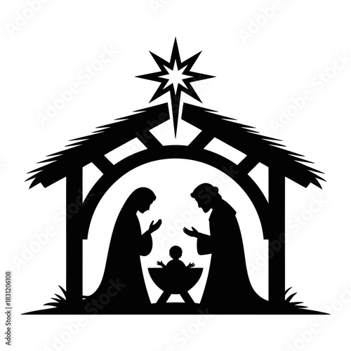 A minimalist silhouette of a nativity scene featuring Mary, Joseph, and baby Jesus under a stable with a star overhead.