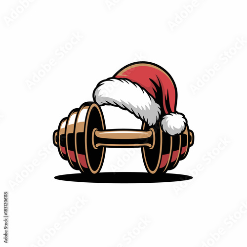 A barbell is adorned with a classic red and white Santa hat. The image combines fitness with a festive holiday theme,