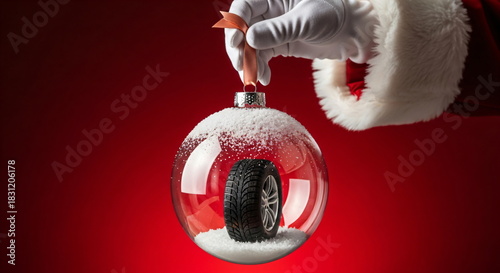 Hand of Santa holding christmas ornament with car tire inside. Concept of auto gift, winter transport, and holiday service for Christmas.