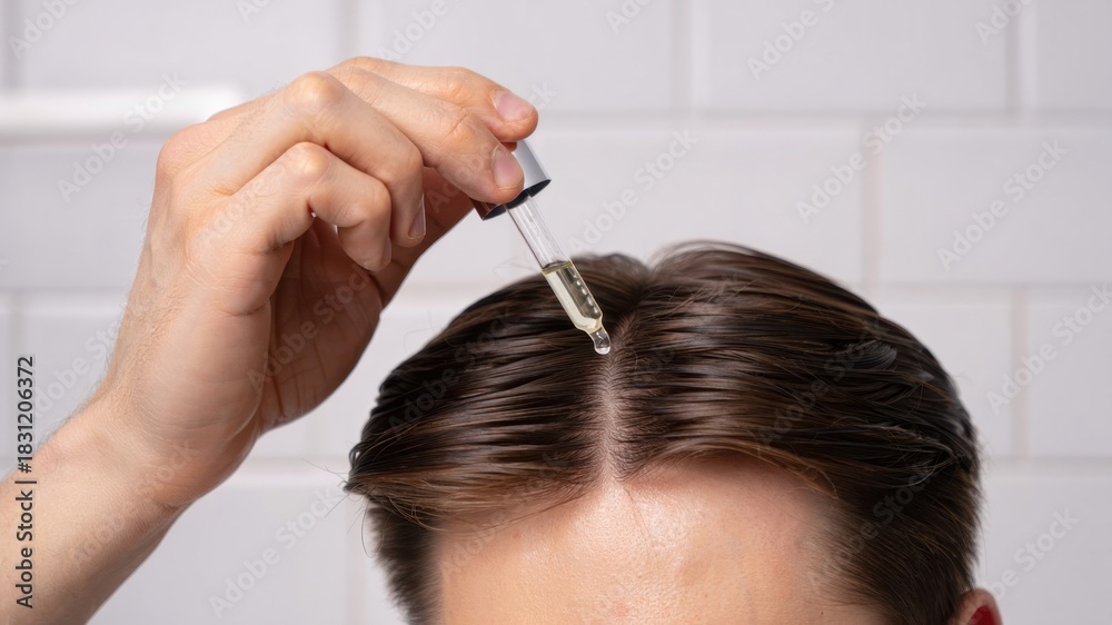 Fototapeta premium Precision application of strengthening scalp elixir with dropper on male hair parting, advanced dermal formulation root revitalization, targeted trichology care, modern cosmetic treatment background