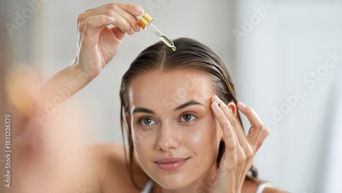 Young woman applying peptide scalp serum to strengthen hair roots and support healthy growth, close-up of dropper and application process, promoting shine, density, hair wellness daily beauty routine