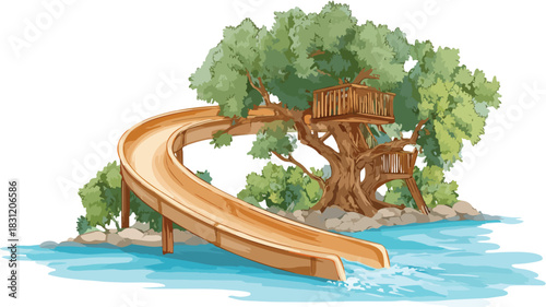 Serene Wooden Water Slide Amidst Tree with Blue Sky Background
