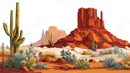 Vibrant Desert Landscape with Cacti and Red Rock Formations Vector Illustration