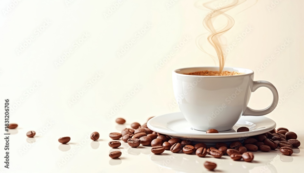 Obraz premium Hot coffee in white ceramic cup with steam. Fresh roasted beans scattered around saucer on light reflective surface. This warm aromatic morning drink invites you to a clean minimalist cafe scene now.