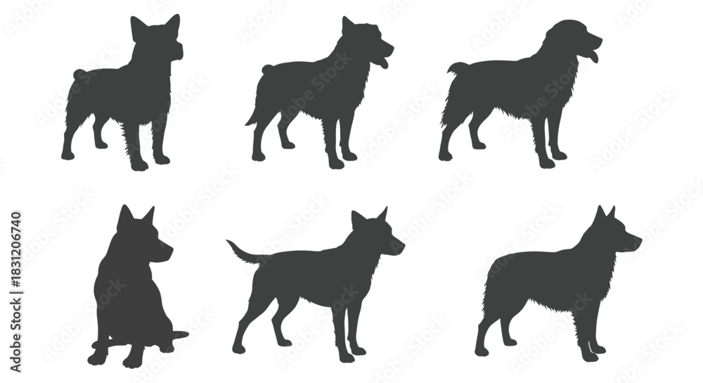 Fototapeta premium vector Set of dog silhouettes vector illustration of various breeds in different poses isolated on white background