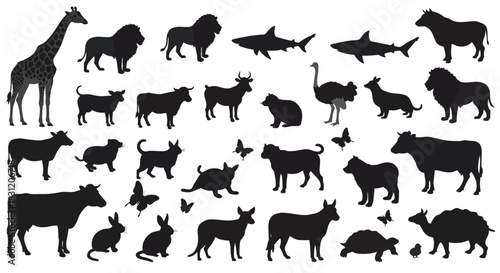 vector Set of animal silhouettes diverse wildlife collection in simple black vector shapes isolated on white background