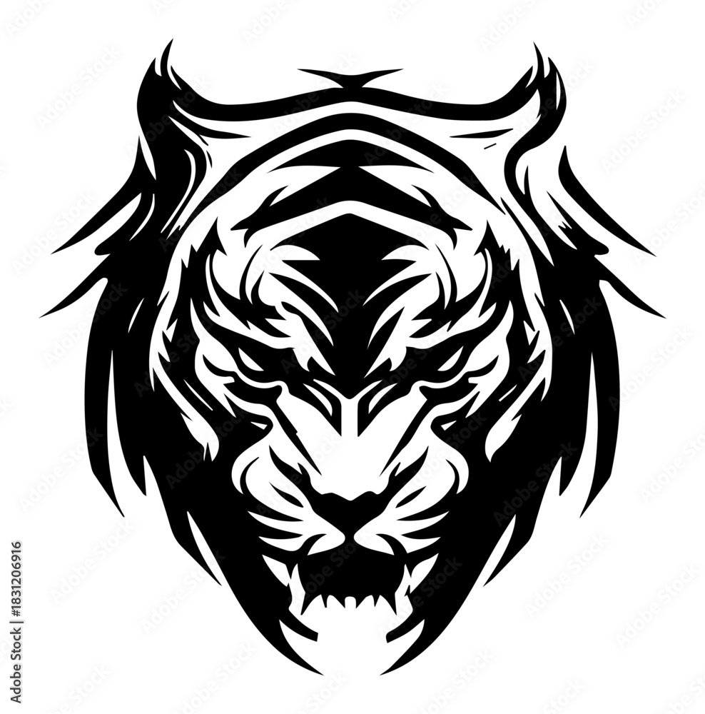 Obraz premium Fierce tiger head mascot logo, aggressive wild animal face vector illustration for tattoo