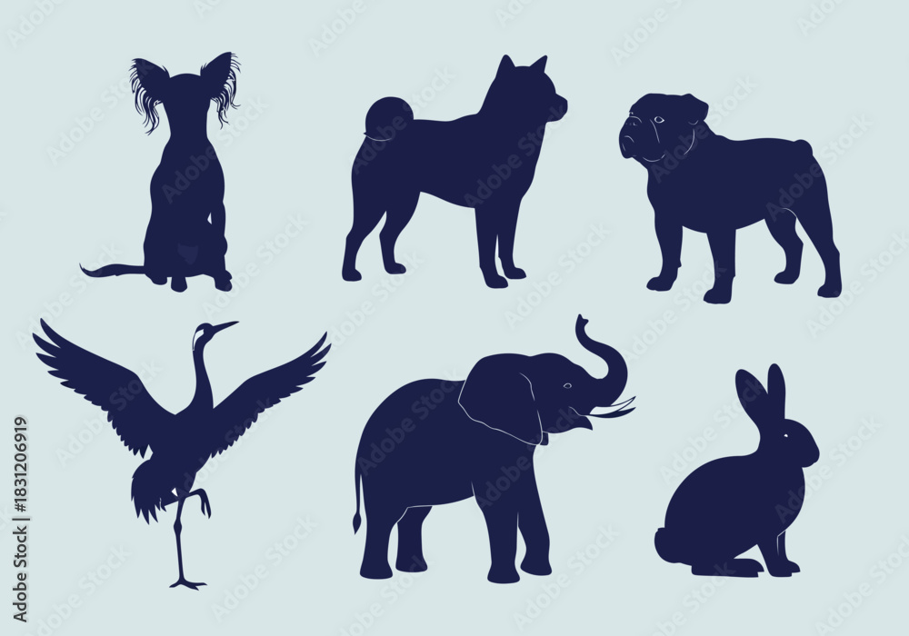 Obraz premium vector Collection of animal silhouettes including dogs a crane an elephant and a rabbit vector illustration isolated on a light background