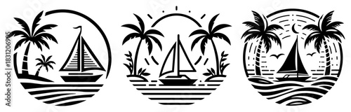 Round tropical island logo set with sailboat and palm trees, summer travel badge vector illustration