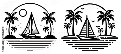 Tropical island travel logos with sailboat and palm trees, summer vacation badge vector illustration