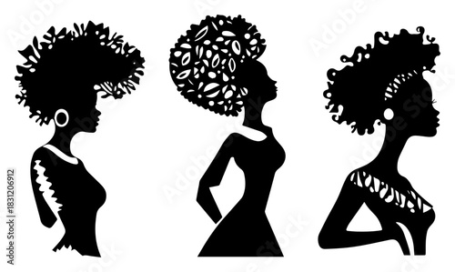 African woman silhouette profiles with stylized afro hair, female beauty vector illustration set