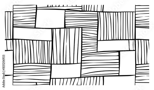 Abstract geometric pattern with hatched rectangles, hand drawn square texture vector illustration, black and white doodle background