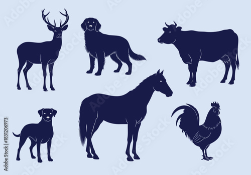 vector Set of animal silhouettes vector illustration of domestic and wild animals isolated on blue background