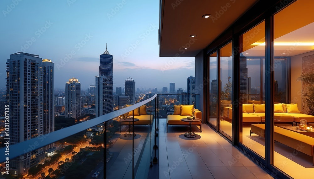 Obraz premium Modern apartment balcony with yellow furniture overlooks city buildings at dusk. Outdoor lounge has glass railing. Luxury condo design. Night cityscape view from the terrace with comfortable cushions.