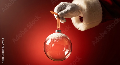 Santa hand holding snow-covered transparent Christmas ornament. Holiday decoration for festive season greetings and celebration.
